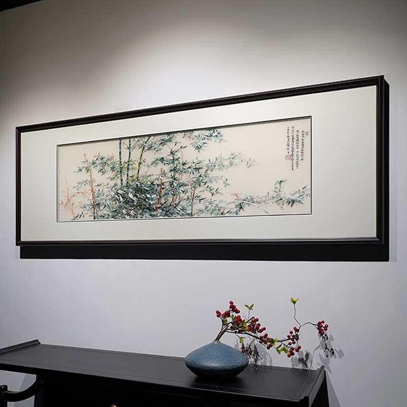手工苏绣竹报平安节节高新中式刺绣挂画书房卧室客厅沙发墙装饰画图片