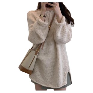 显瘦套头针织打底衫 大码 开叉24秋冬新款 100%山羊绒毛衣女中长款