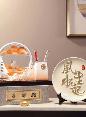 帆船笔筒流沙画办公室桌面收纳装饰摆件老板O男士高档招财风生水