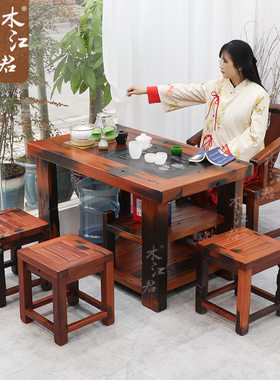 老船木阳台小茶桌椅组合中式实木客厅茶几家用泡茶台一体组合套装