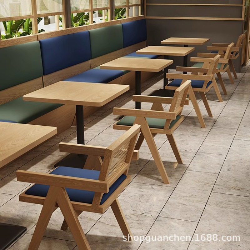 藤编奶茶店餐饮店桌椅组合板材日式东南亚餐厅咖啡厅卡座沙发实木