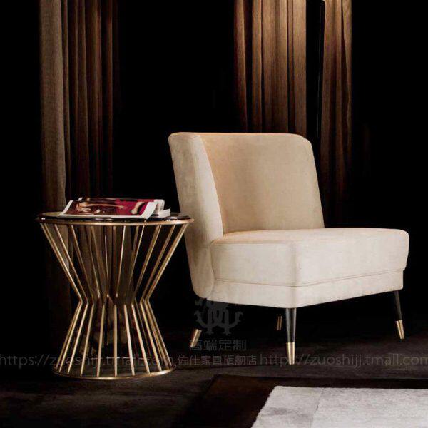 意式简约沙发 客厅 单人位休闲沙发 米白色绒布接待椅 混搭风椅子