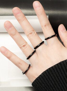 黑色女个性黑细条戒指黑玛瑙玉髓食指尾戒男指环玉石石头简约戒子