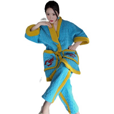 加厚夹棉冬季女士睡衣长袖家居服休闲宽松套装加绒刺绣小个子外穿