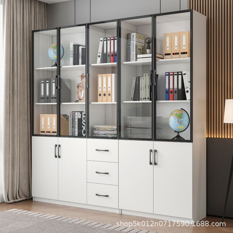 书柜带玻璃门展示柜现代轻奢家用客厅一体整墙到顶书架满墙柜办公