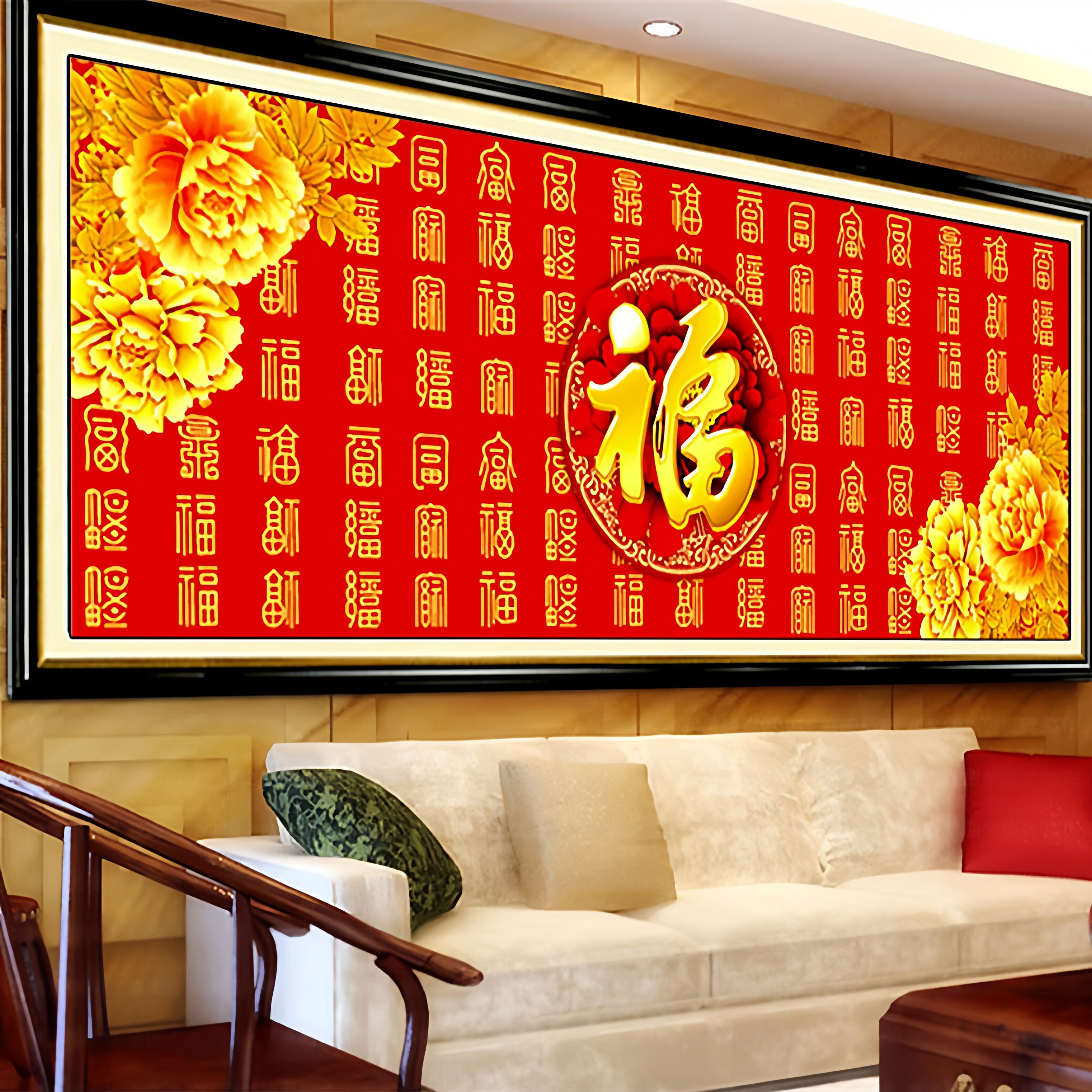 ks色系新款客厅大幅喜庆送礼百福图牡丹花简单大气手工DIY钻石画