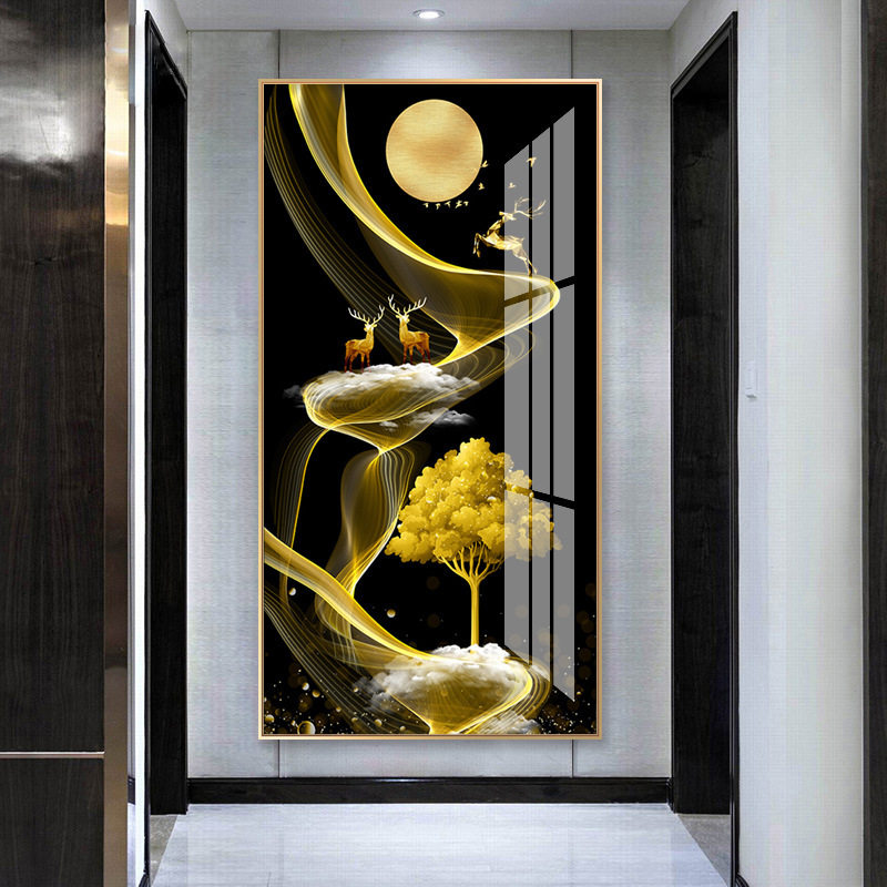 ks色系新款客厅玄关竖版过道简约现代寓意好麋鹿发财招财树钻石画