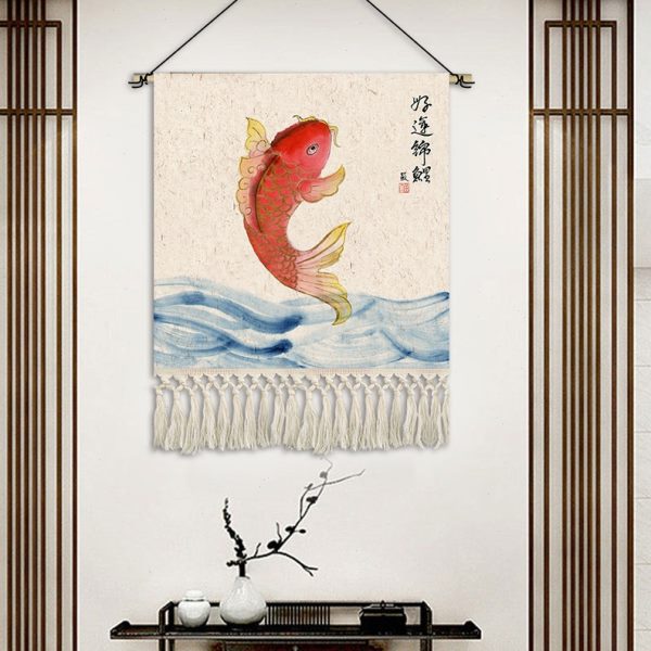 新中式民宿挂画布艺玄关背景墙装饰画年年有余挂毯画好运挂布定制图片