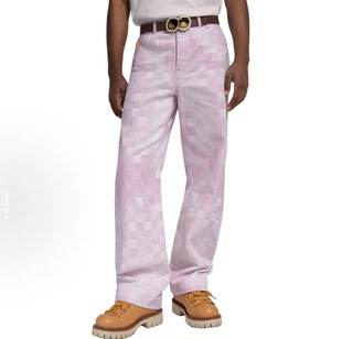 粉色棋盘格马赛克滑板中腰直筒牛仔长裤 25FW男女明星同款 Adam