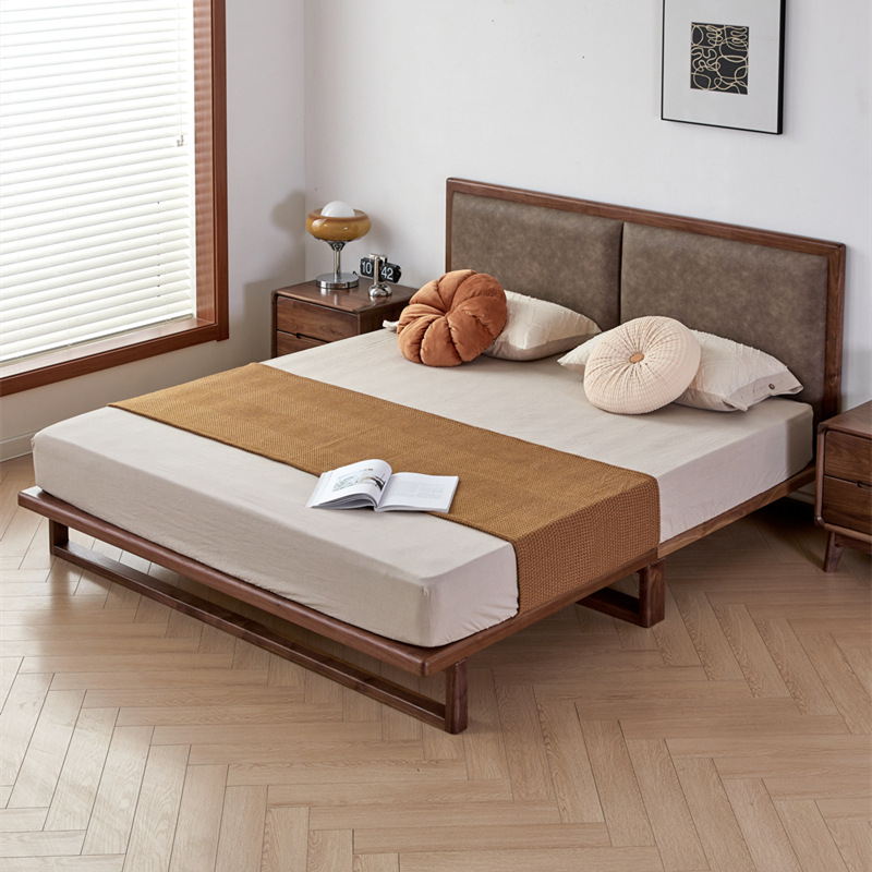相伴全实木床北美黑胡桃木2大床科技布艺软包双人床主卧日式家具