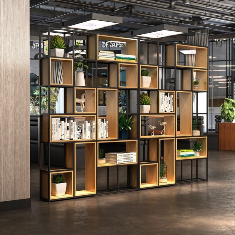 办公室隔断书架置物架现代简约落地展示架美式铁艺客厅实木收纳架