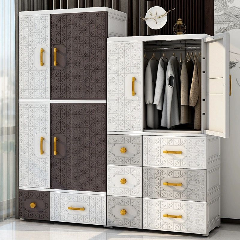 特大号新中式高脚衣厨67CM双开门挂衣抽屉式加厚衣柜家用简易组装