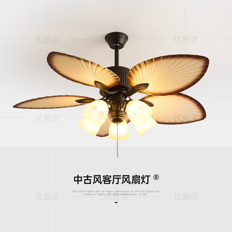 法式中古风客厅吊扇灯家用大风力东E南亚南洋复古芭蕉叶饭厅吊扇