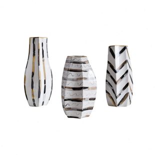 摆件 北欧轻奢样板间软装 黑白条纹描金陶瓷花瓶 创意几何插花花器