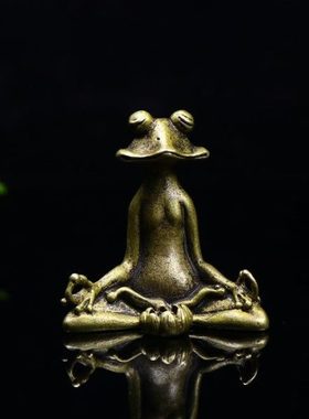 实心铜青蛙莲花茶道茶宠一炷香香插小摆件打坐小青蛙顶呱呱手把件