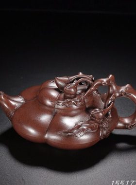 回流寿桃汪寅仙紫泥壶古董古玩茶壶老紫砂壶客厅摆件300cc