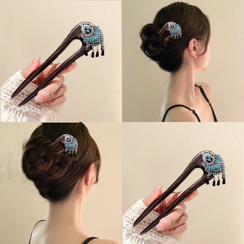 灵翠微风点~新中式花朵流苏x双插发簪女古风高级感檀木簪子U型发