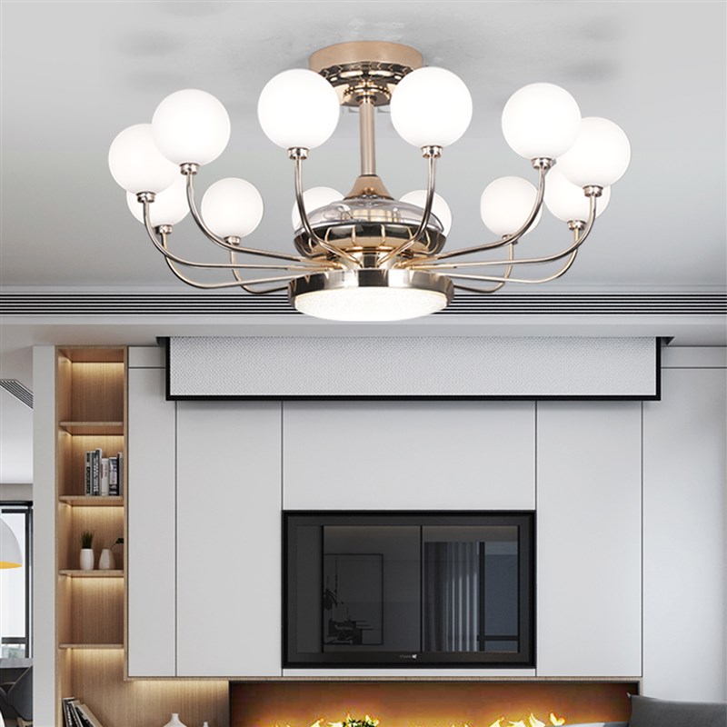 新款简约风扇灯三色变光全铜隐形风扇电机智能语音餐厅吊扇灯创意