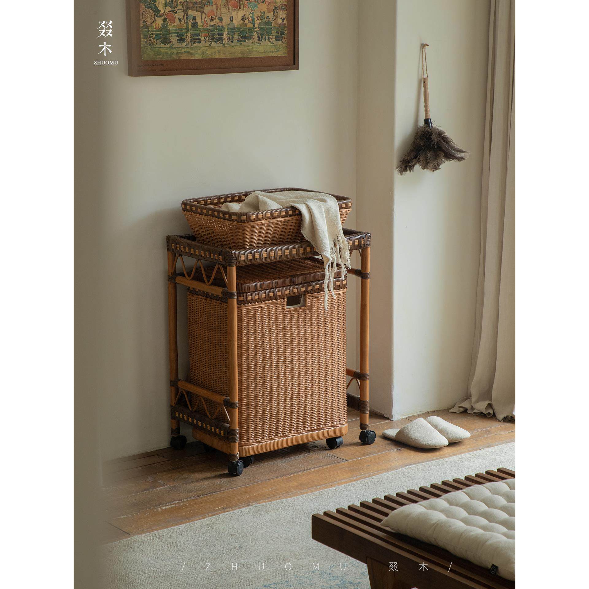 柏树|Wi-Si覆古风格藤储物车移动边桌客厅卧室抽屉储物架