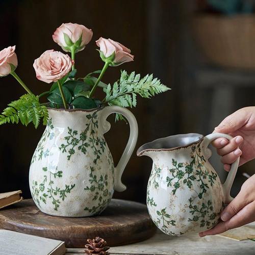 田园风创意手提奶壶陶瓷花瓶摆件客厅插花水培美式复古高级感法式