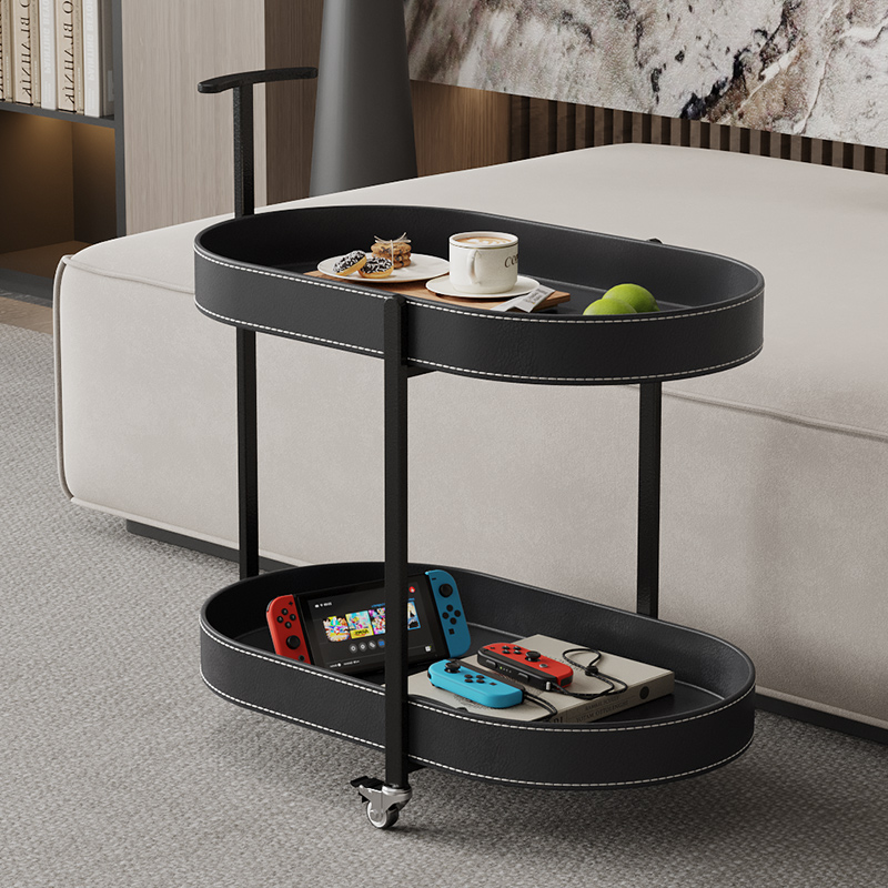 中古风马鞍皮小推车沙发边几客厅家用移动带轮茶几餐饮零食置物架