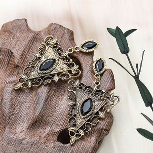 宫廷风巴黎高定秀几何银针耳环黑耀石女耳饰夸张中古vintage耳坠