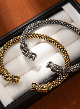 北欧维京狼头手镯男款