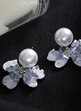 清透蓝色甜美蝴蝶结珍珠耳环2023年新款女气质时尚高级感耳钉耳饰