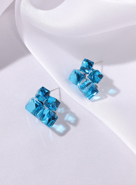 蓝色立方体水晶耳环韩系高级感银针耳饰925小众甜美轻奢耳钉