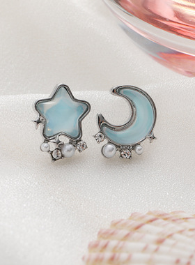 精致甜美蓝色星星月亮珍珠耳环2023年新款女简约百搭耳钉耳饰