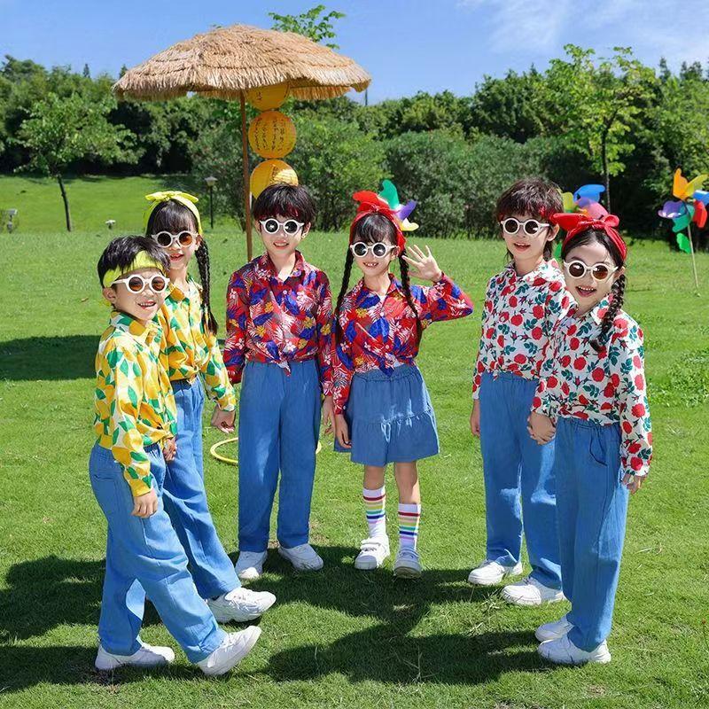 儿童啦啦队港风花衬衫演出服