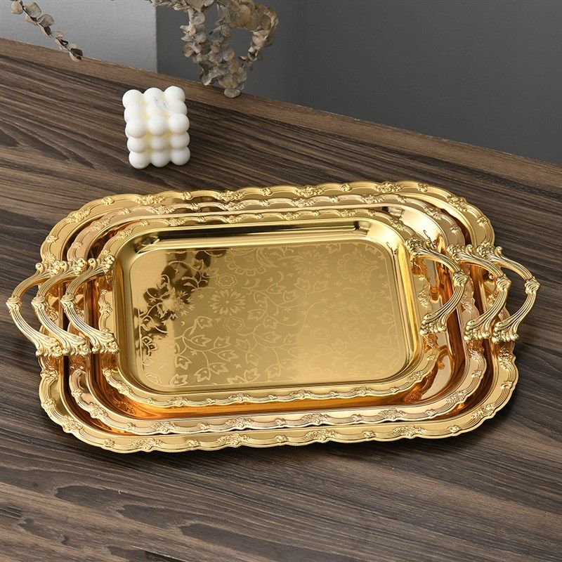 欧式金色托盘长方形家用客厅茶几水果零食点心蛋糕甜品收纳架