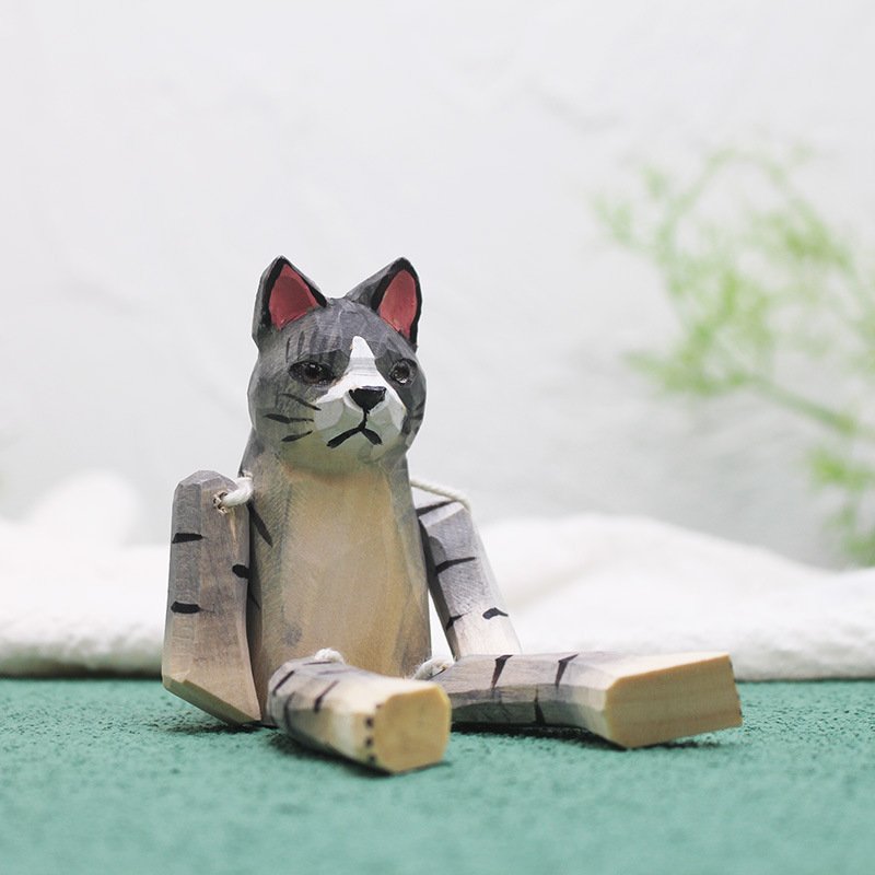 青木凡 手工原木雕刻吊脚猫咪摆件创意家居饰品客厅雕刻摆饰
