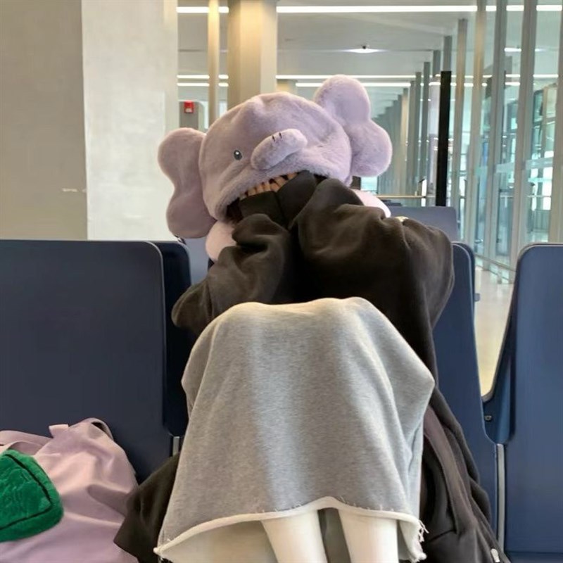 紫色大象连帽U型枕旅行枕可爱卡通护颈办公室空调帽子开车飞机枕