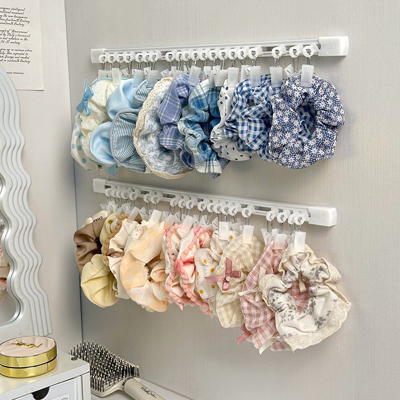 大肠发圈收纳神器发饰收纳杆免打孔壁挂上墙夹方巾头花发绳展示架