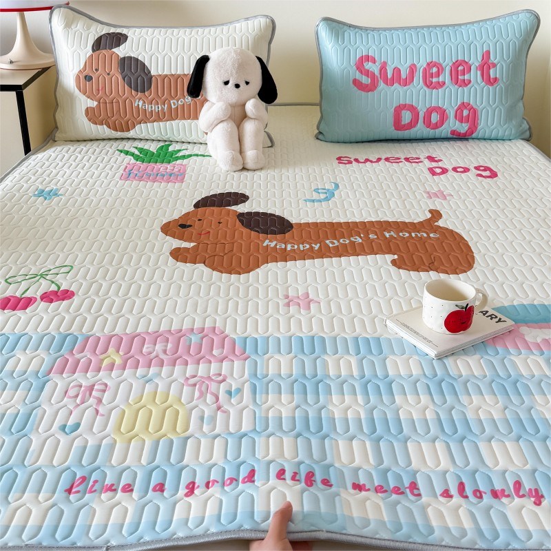 小清新蓝裸睡凉感丝化纤乳胶凉席二三件套小可爱卡通柔软空调软席