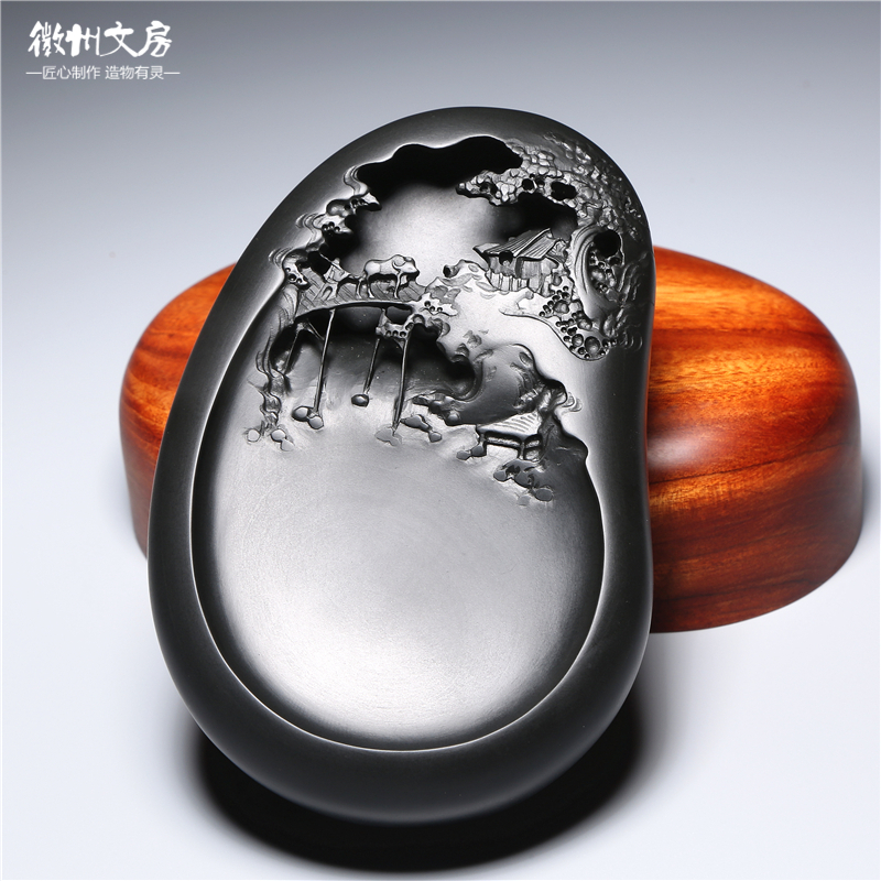 非遗名师老坑砚台/松下会友/天然原石龙尾砚歙砚珍藏高档端砚文房