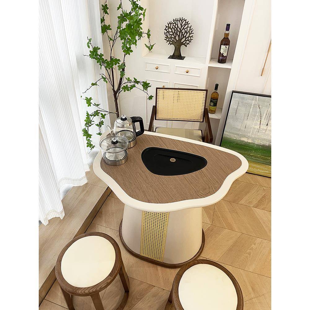 茶桌奶油风阳台小户型实木茶桌简约现代家用异形岩板泡茶台椅组合