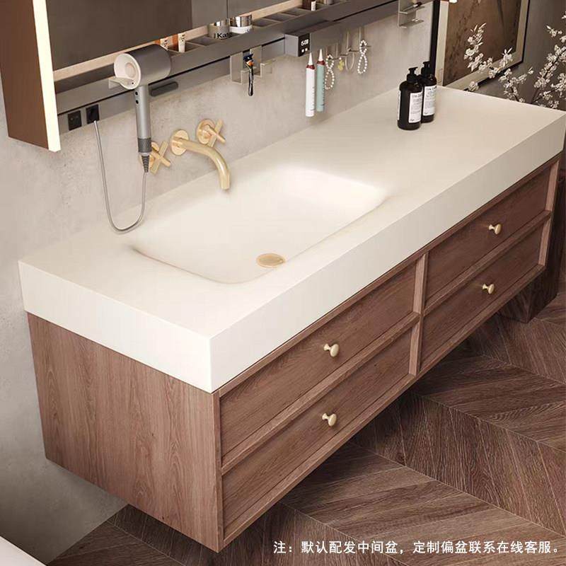 胡桃木岩板热弯一体盆卫生间洗漱台米黄色洗脸池洗手池浴室柜组合