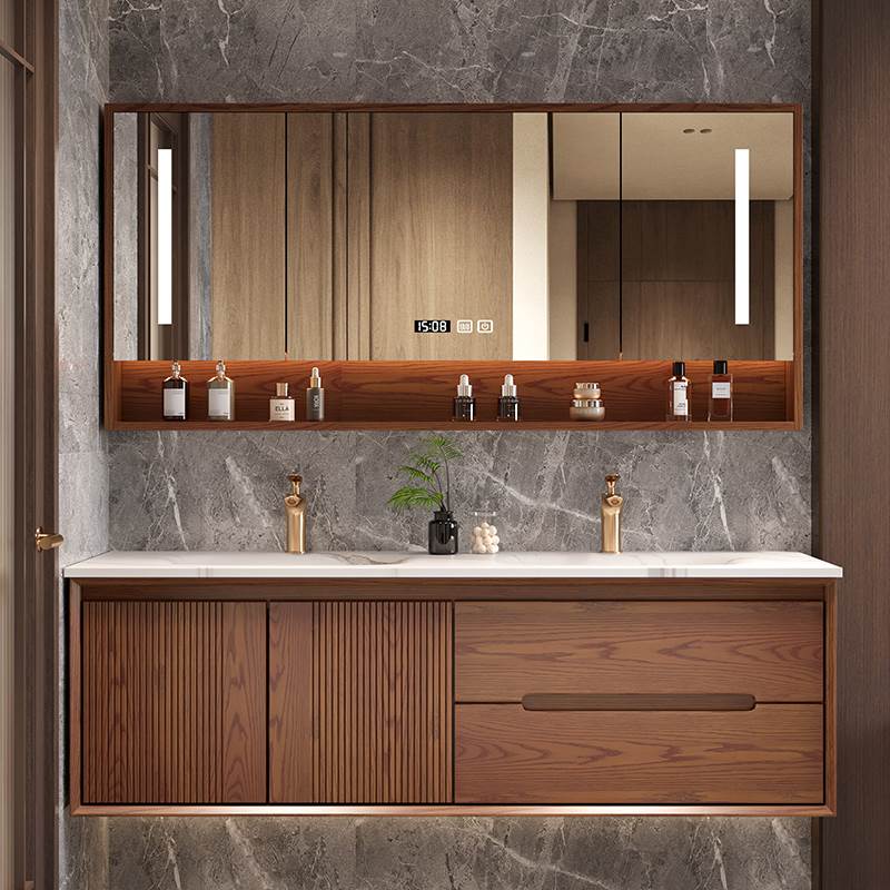 新中式红橡木烤漆浴室柜岩板热弯一体盆洗漱台双盆洗脸洗手柜组合