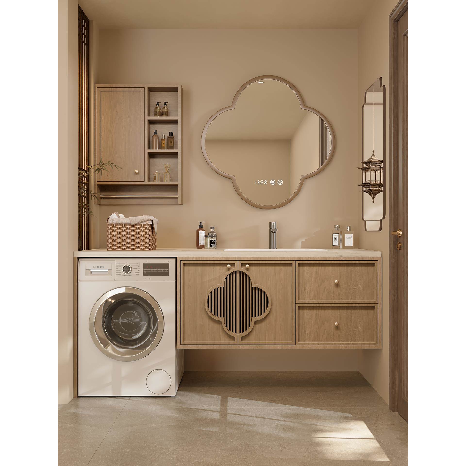 宋式美学阳台橡木洗衣机一体浴室柜组合卫生间洗漱台洗手池脸盆柜