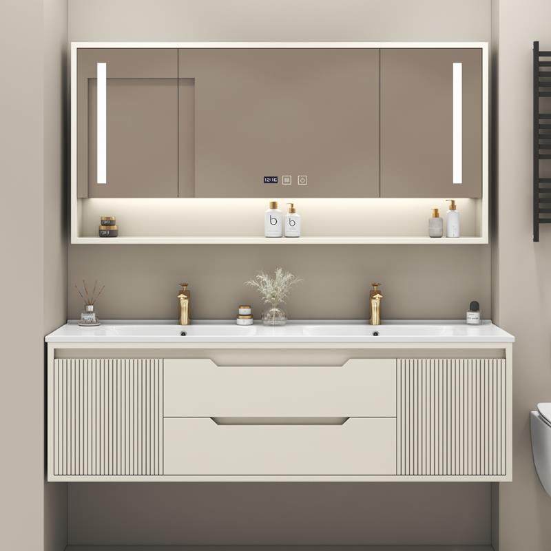 法式橡木浴室柜陶瓷一体双盆洗脸盆组合卫生间洗漱手台岩板无缝盆