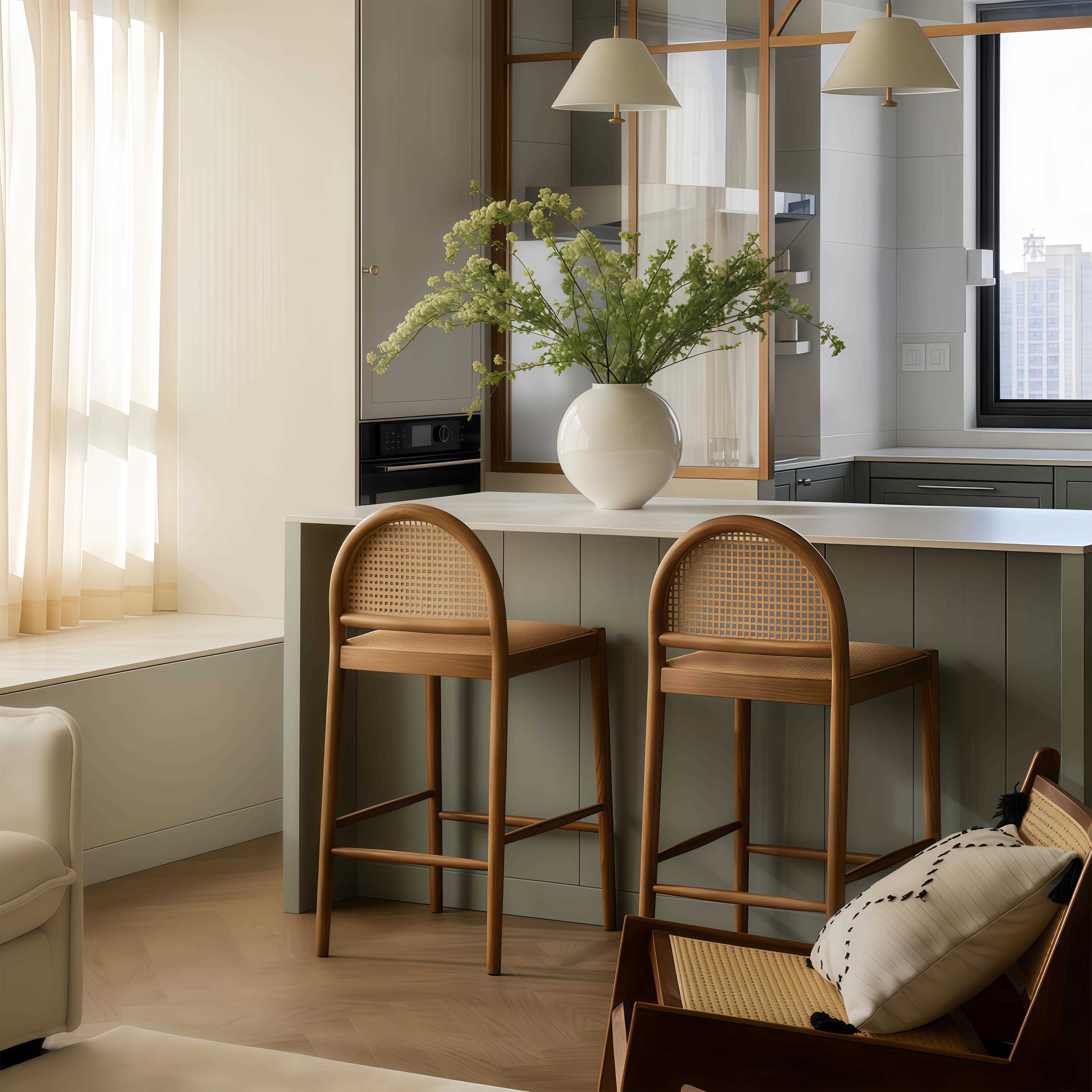 实木藤编吧台椅家用岛台椅子前台接待高脚凳北欧酒吧创意靠背椅子