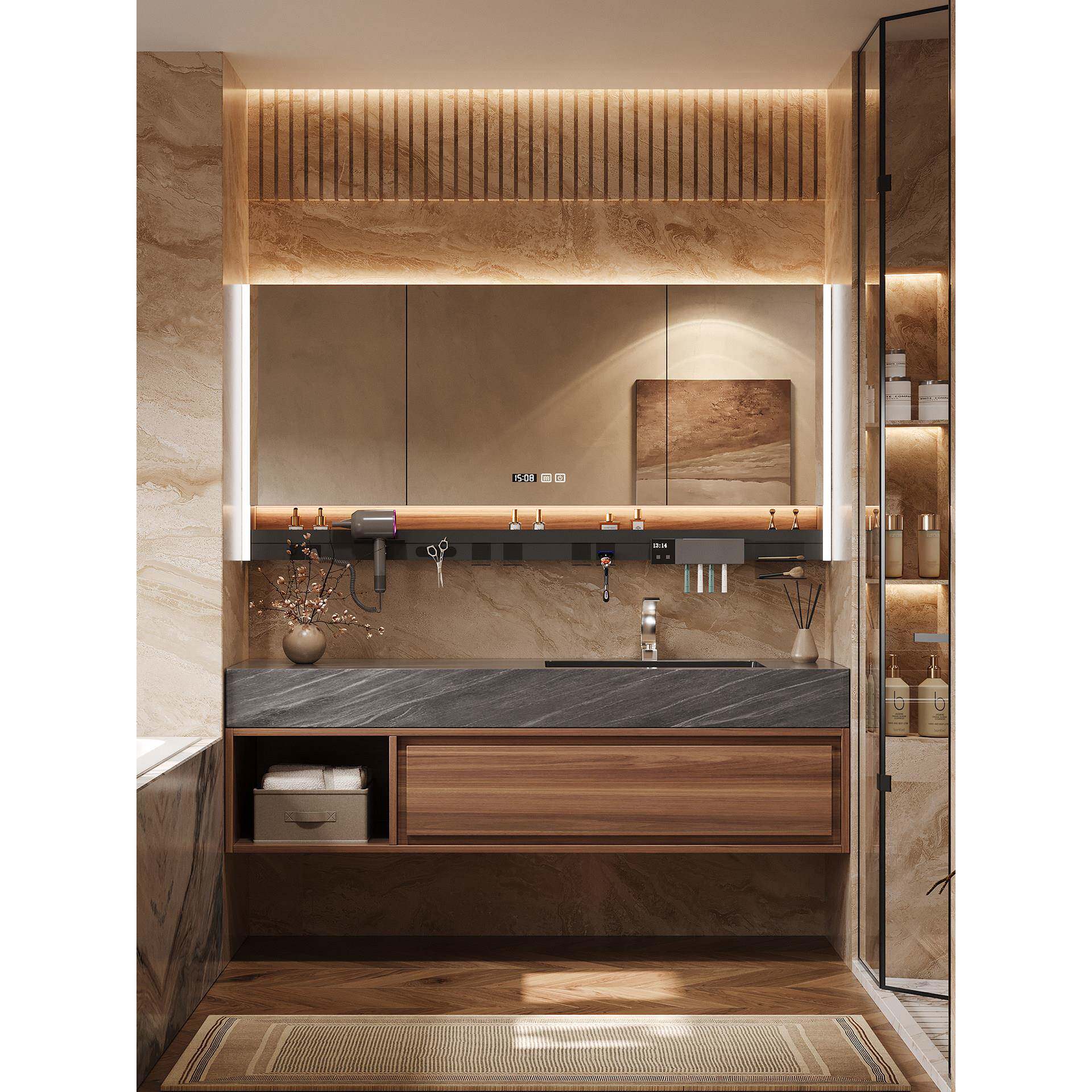 楠家匠中古风黑色岩板陶瓷无缝一体盆浴室柜组合洗漱台洗脸盆卫浴