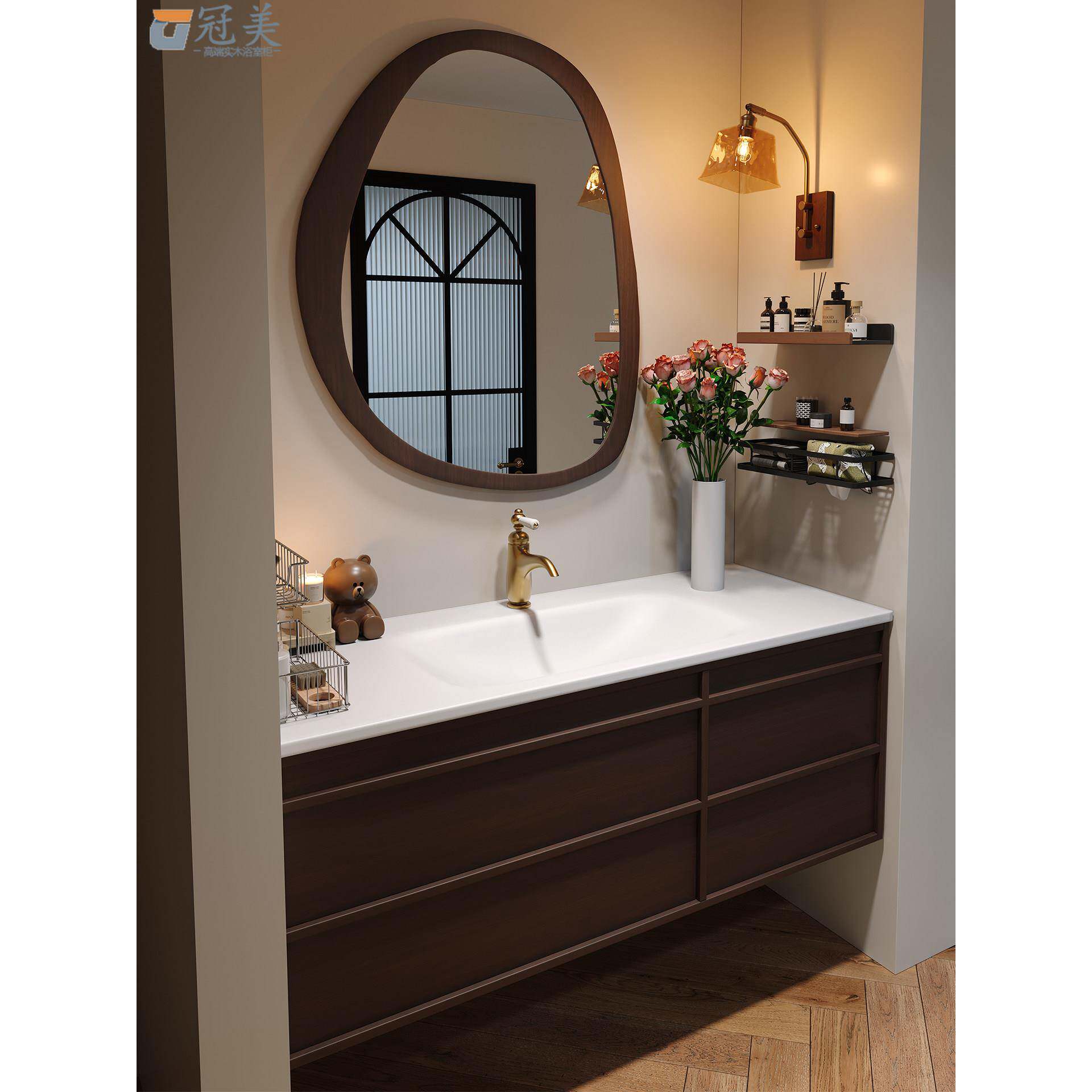 中古风岩板热弯一体盆胡桃浴室柜组合卫生间洗脸洗漱台可丽耐定制