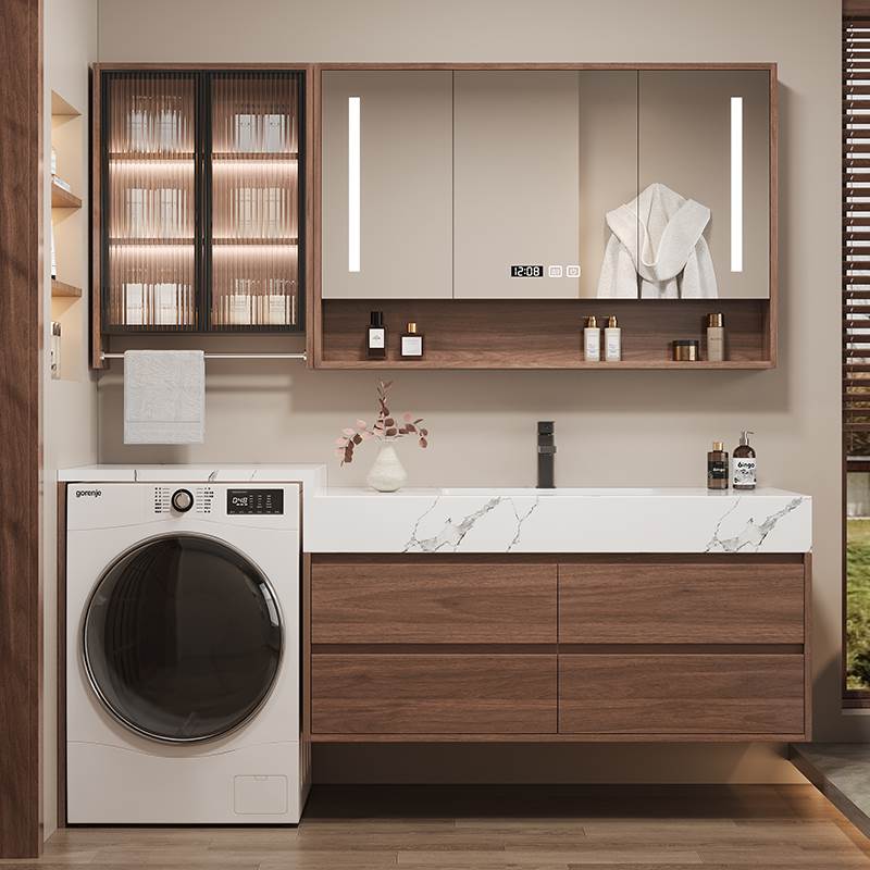 热弯岩板一体盆洗衣机柜组合浴室柜卫生间洗漱台洗手洗脸盆中古风