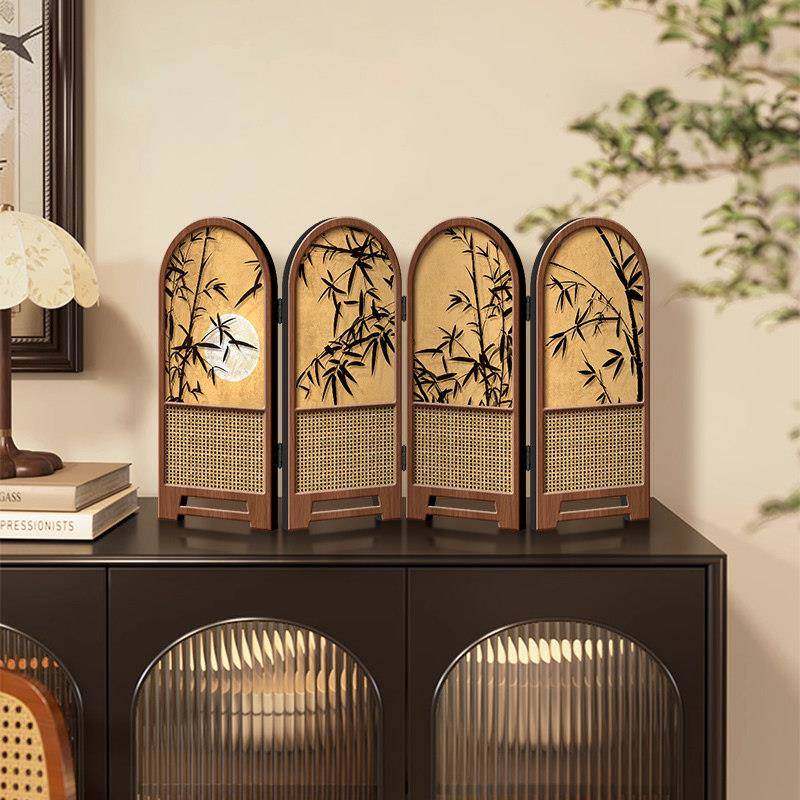 小屏风摆件中古风竹子新款桌面摆台画 划折叠折屏高级感电视柜装