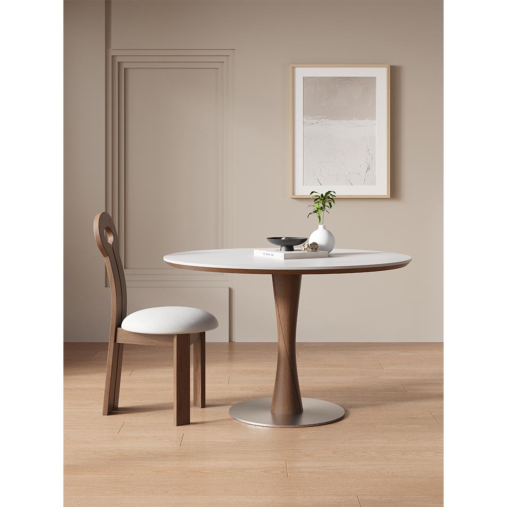 小蛮腰餐桌北欧家用小户型中古风圆桌北美胡桃木色实木圆餐桌饭桌