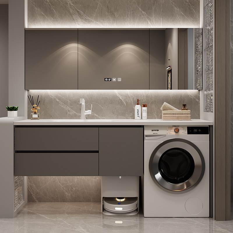 定制岩板热弯洗衣机洗手盆一体柜陶瓷无缝一体盆浴室柜洗漱台组合