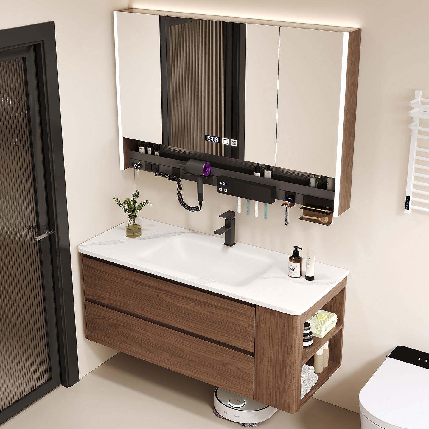 中古风不锈钢浴室柜侧边收纳岩板一体盆洗手盆组合洗漱台胡桃木色